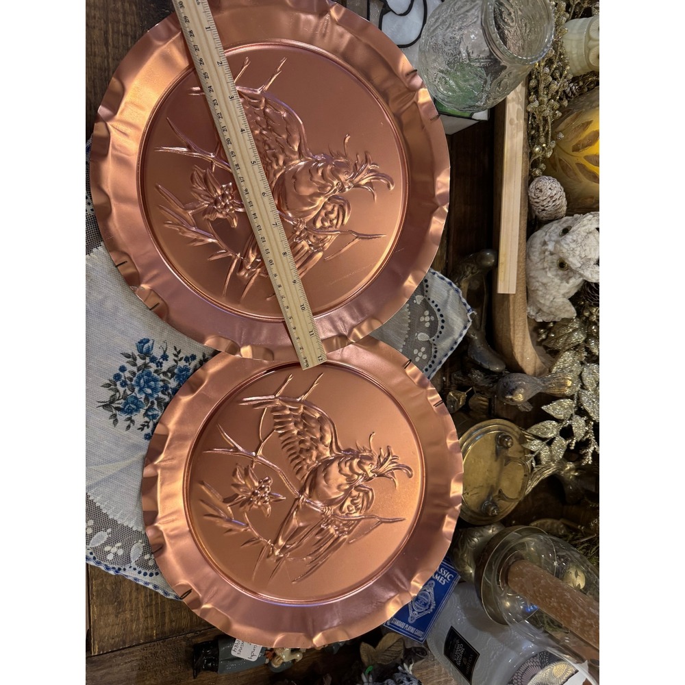 Vintage Embossed Copper Bird Wall Hanging Plates Set of 2 Ruffled Edge 11.5 Inch